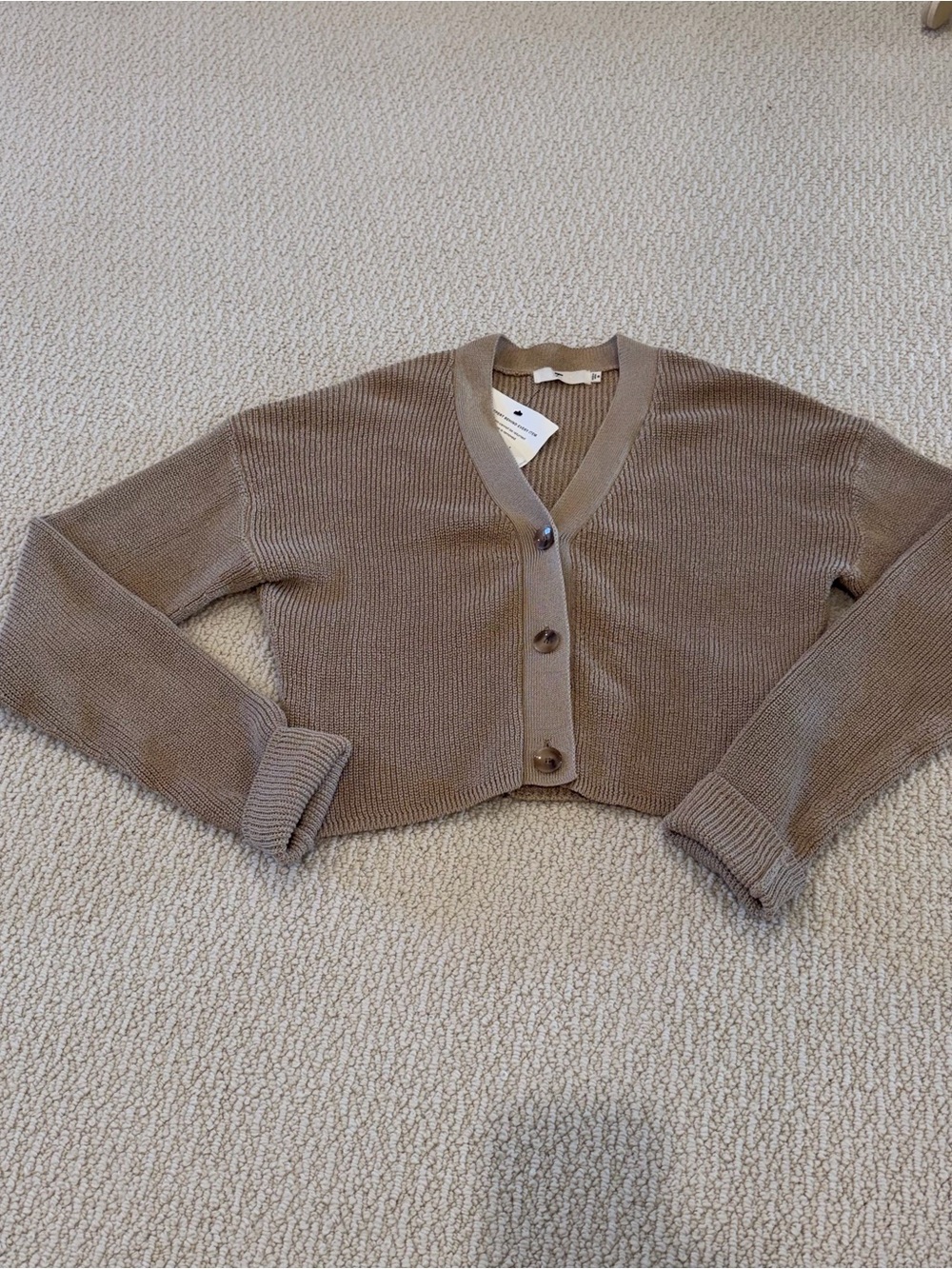 Moussy Cropped Taupe Ribbed Button-Front Cardigan